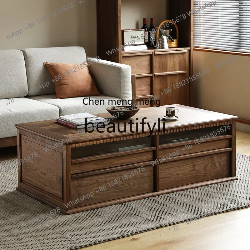 

M178 North American black walnut coffee table retro style living room storage solid wood tea table low cabinet