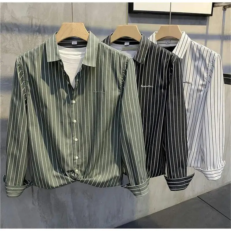 

Casual Loose Long Sve Men's irt Jaet Striped Outerwear Spring Autumn Hong Kong Sle Japanese Loose Fit Button up