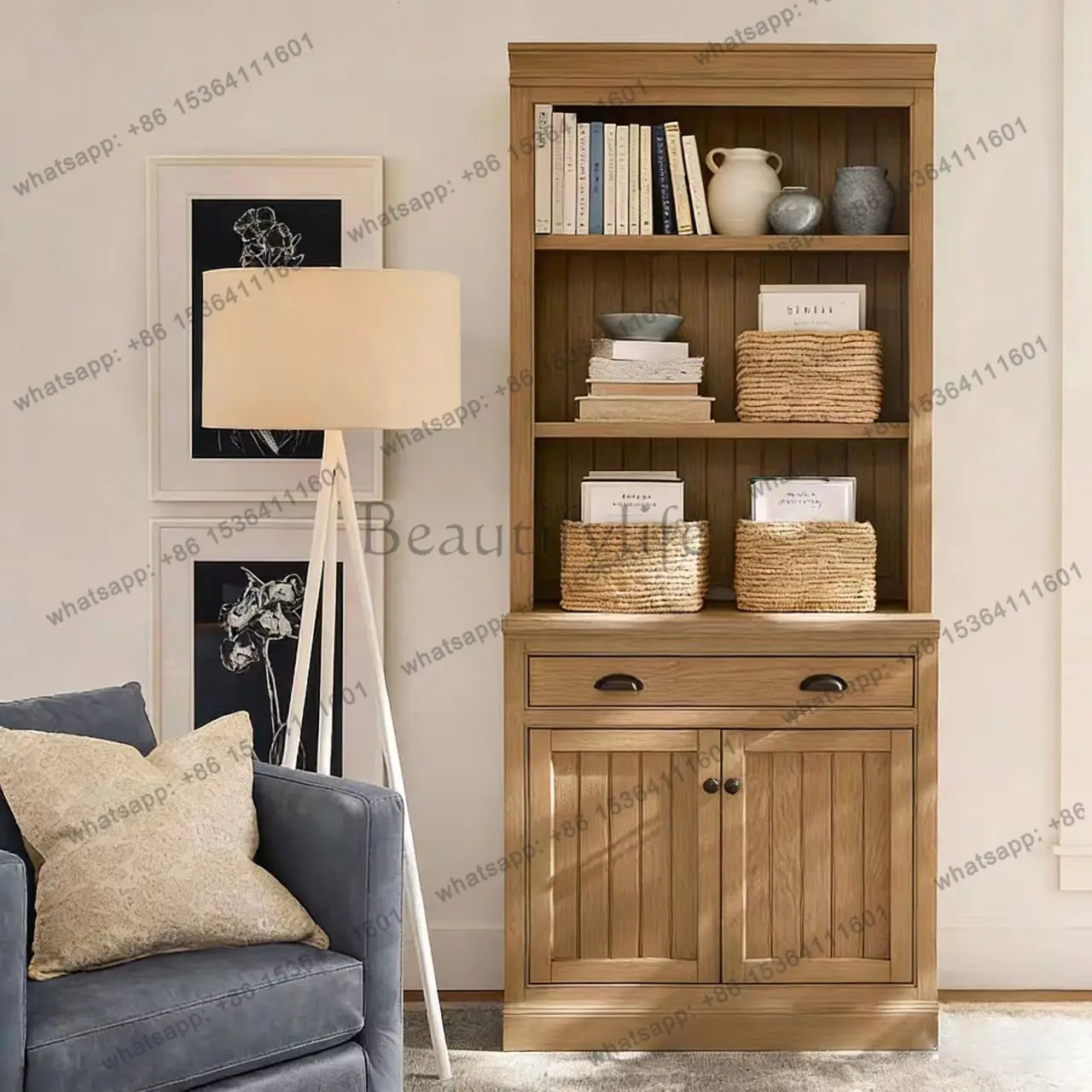 American rural retro solid wood bookcase French living room wall multi-layer locker