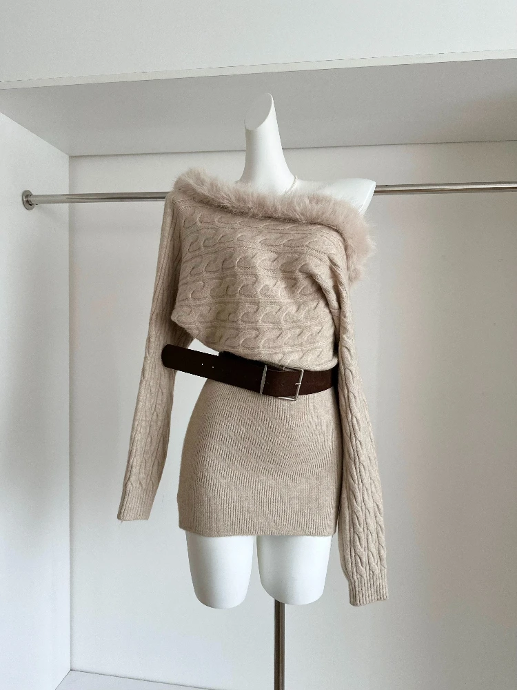 French Elegant Knit Dress Women Slim Fit Long Sleeve Off Shoulder Belted Cable Sweater Dress Warm Soft Winter Chic Midi Outfit