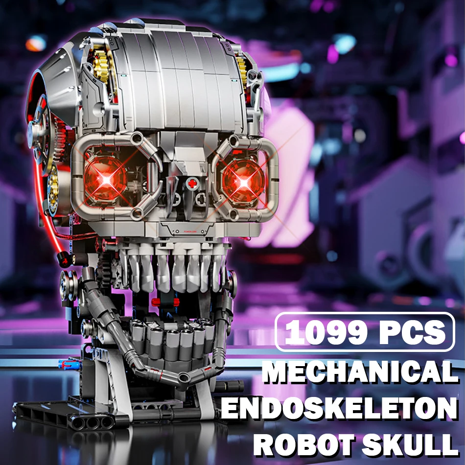MOC Mechanical Skull Endoskeleton Building Blocks Terminator Robot Head Model Bricks Toys Kit Lighting Power Function Gifts