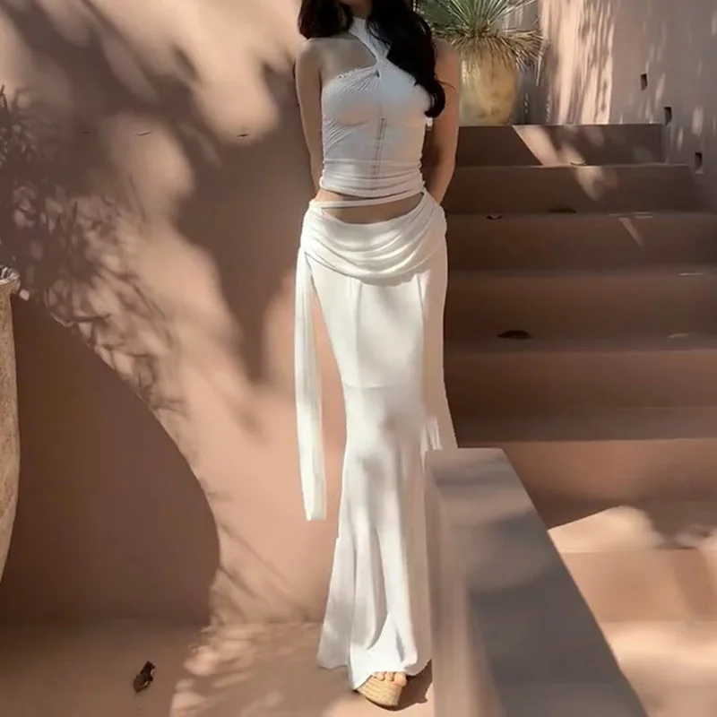 DSMTRC Wakacje Plaża Biały Solidny Dwuczęściowy Garnitur Letni Półwysoki Kołnierz Crop Top + Syrenka Długie Spódnice Zestawy Moda Imprezowa