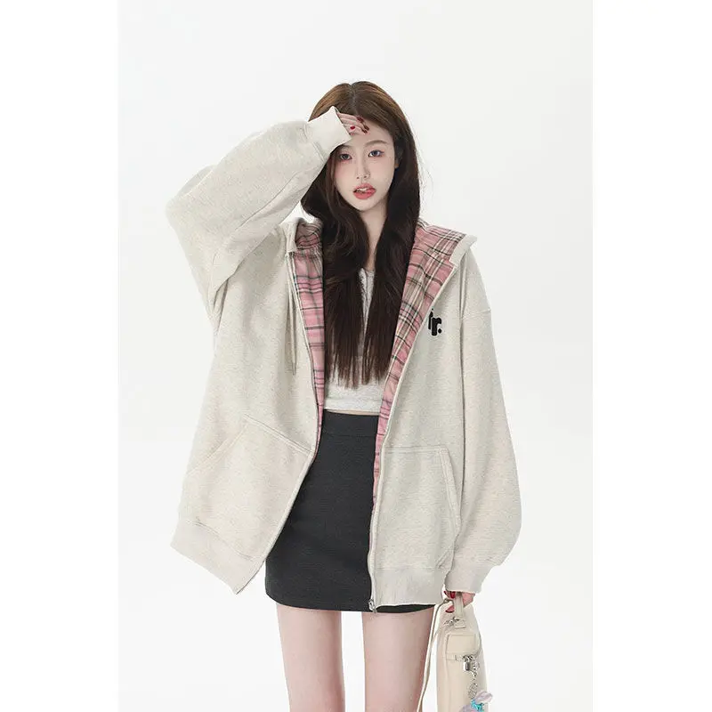 American Retro Contrasting Plaid Zipper Women's Cardigan Hooded Sweatshirt Spring Autumn Loose Casual Commuting Jacket for Women