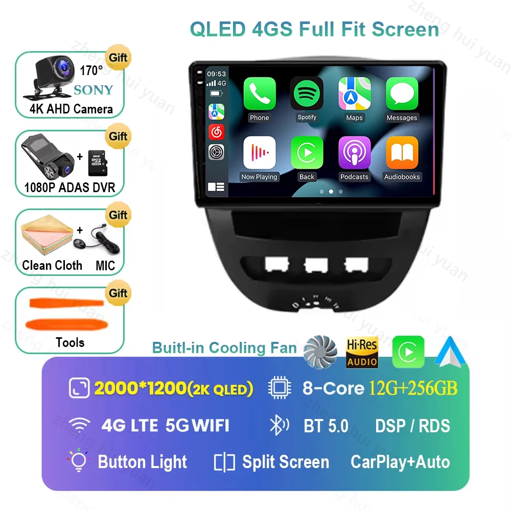 Voor Peugeot 107 Toyota Aygo Citroen C1 2005-2014 Android 16 Carplay & Auto Autoradio Navigatie Multimedia Stereo Speler BT QLED