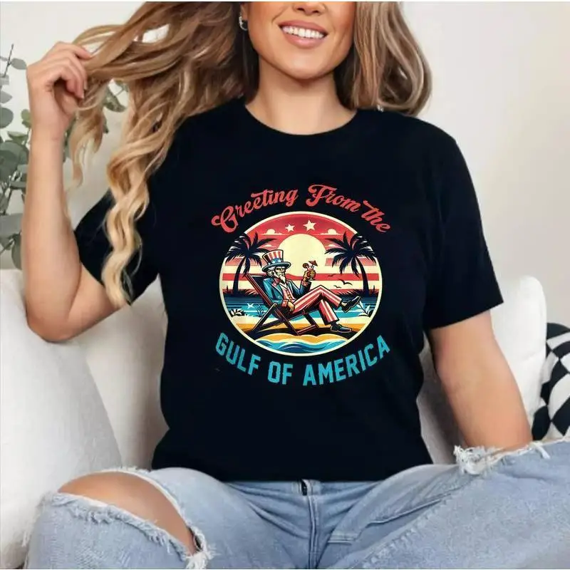 Vintage Gulf of America T Shirt Retro Graphic Tee Uncle Sam Beach Holiday Print Summer Vacation Patriotic Funny Top for Women