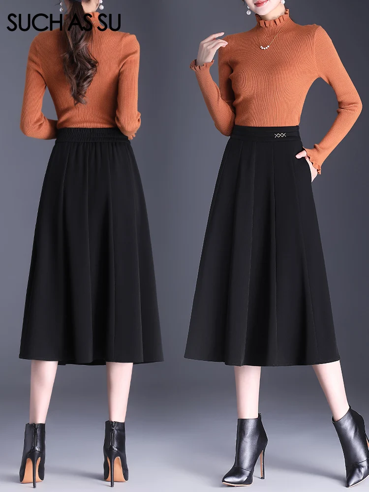 SUCH AS SU 2023 New Women\'s Pleated Skirt Sexy Big Hem S M L XL XXL XXXL Size Ladies Mid-Long Slim Black Brown Skirt Female 7305