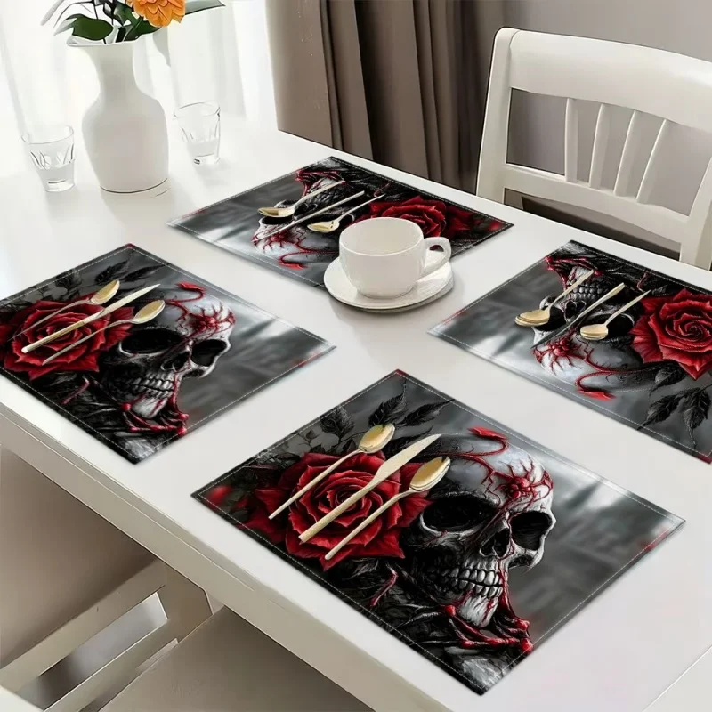 Skull Red Rose Linen Placemats, Gothic Skeleton Printed Table Mats, Home Dining Table Decoration