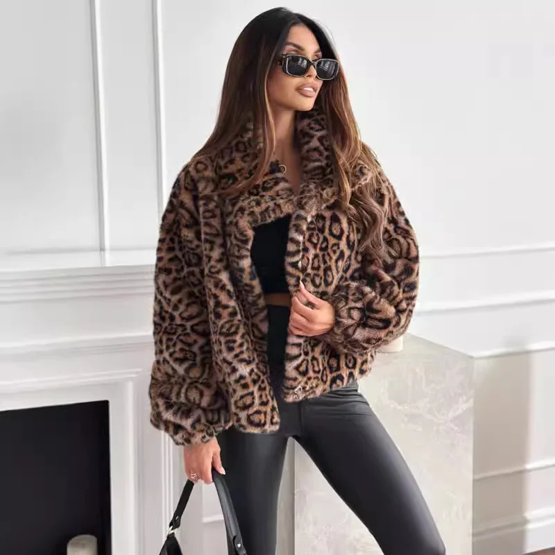 

Leopard Short Faux Fur Jacket Lapel Long Sleeves Plush Coats Stylish Loose Women's Furry Jackets Winter Warm Fluffy Outerwears