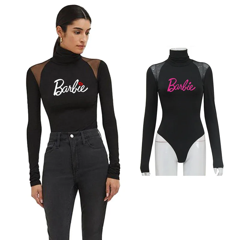 Fashionable Barbie Printed High-Neck Long-Sleeved Jumpsuit with Mesh Splicing, Slim Fit Sexy Outer Wear Inner Base Layer