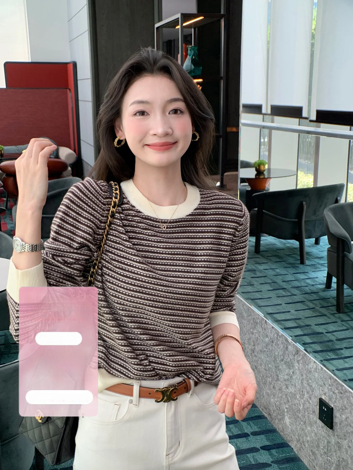 

Женский вязаный свитер Folelse Coffee Stripes, приталенный, повседневный, длинный рукав, из полиэфирного волокна