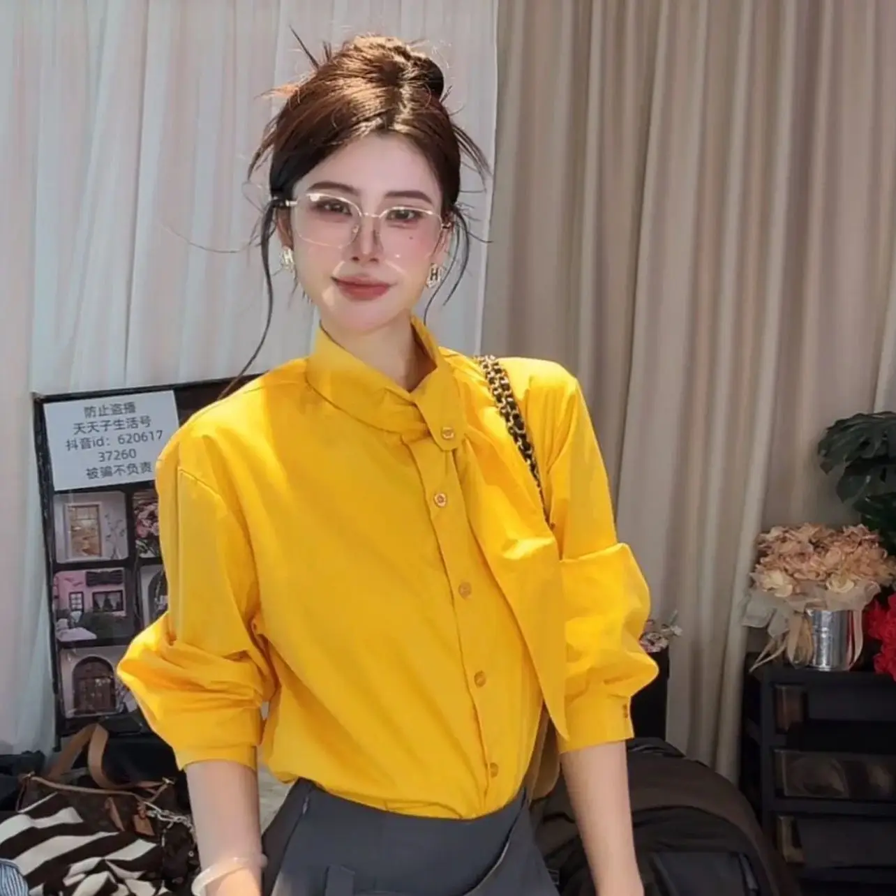 

Elegant Minimalist Yellow Long-sleeve Shirt For Women Chic Stand-collar Asymmetry Blue Top New Trendy Fall Office Commute Outfit