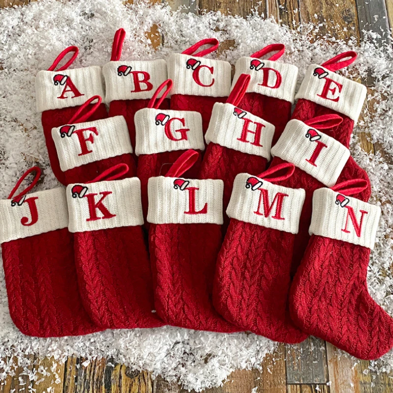 

Christmas Home Decorations: Knitted Stocking Pendant With Red Letters Unique Xmas Tree Ornament Festive Snowflake Alphabet Gift