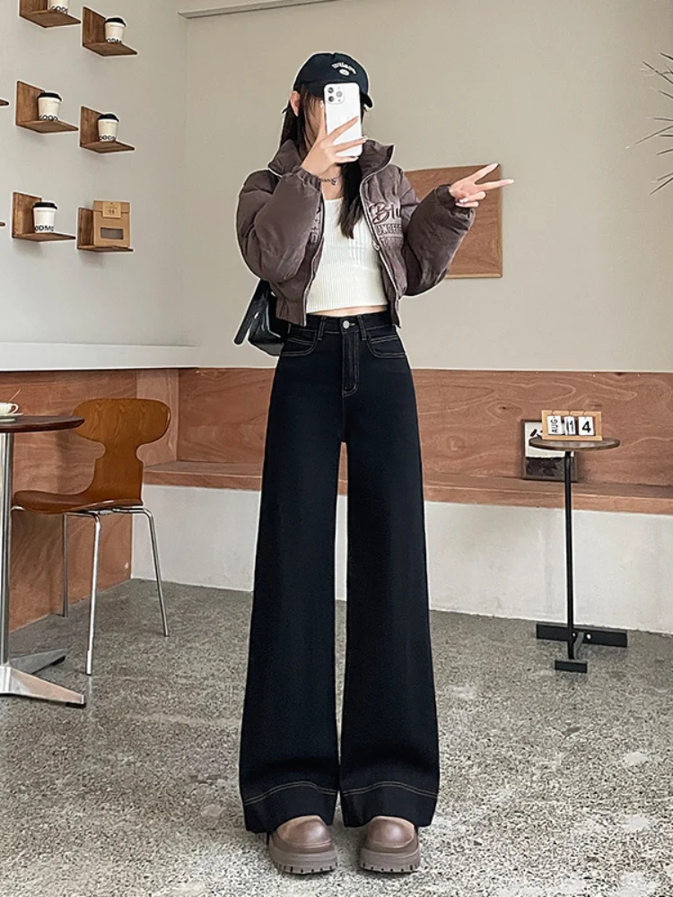 Bla Fce Lined Thi Denim Jeans Women's Autumn Winter High Waist Straight Leg Loose Micro Flared Pants Casual Sle