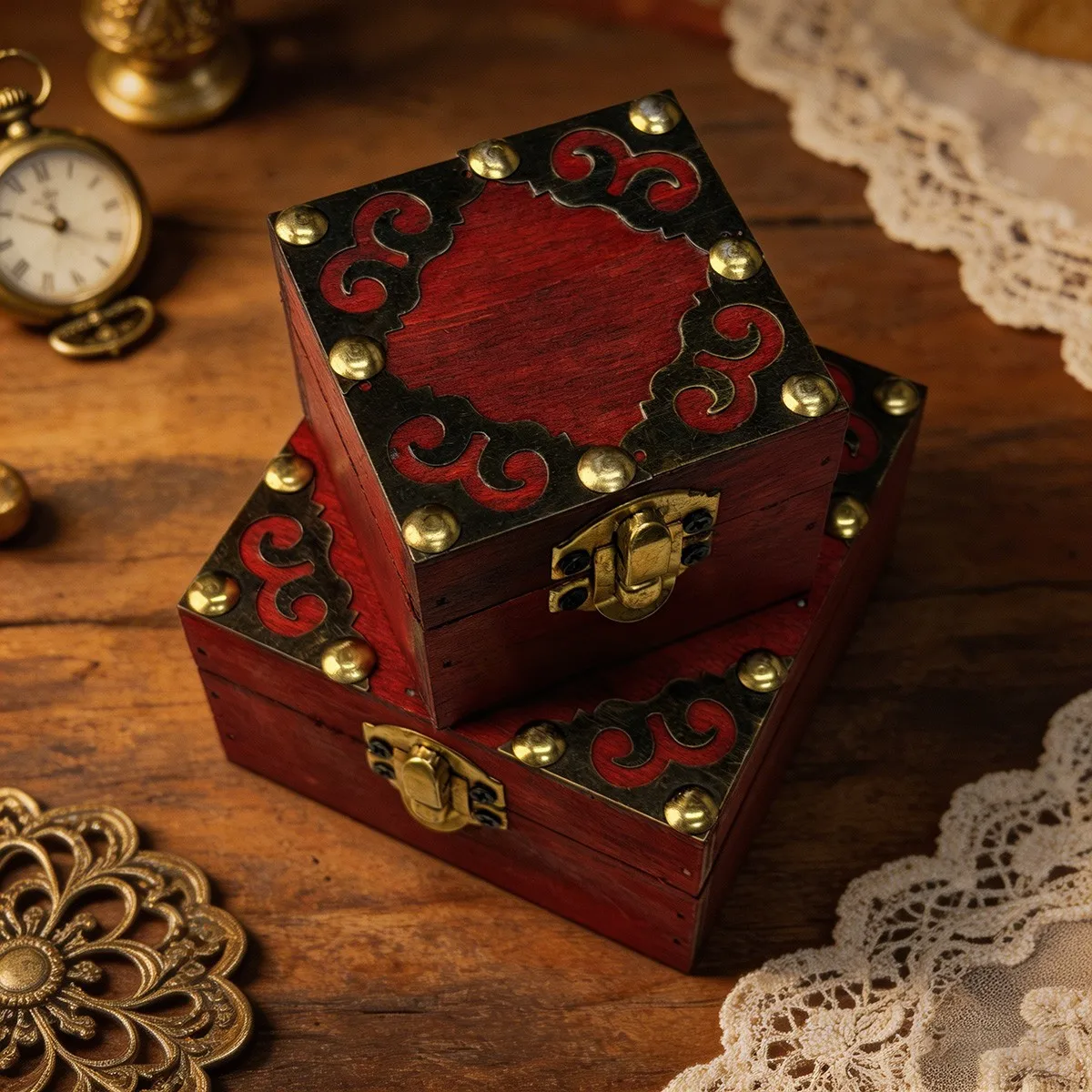 2Pcs Vintage Wooden Storage Box, Retro Red Wood Jewelry Box with Lock, Decorative Treasure Chest for Trinkets, Gifts, Home Decor