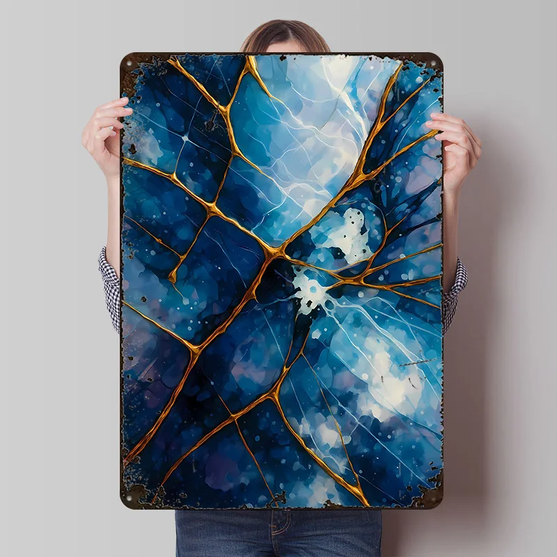 Abstraktes Blau-Gold-Geripptes Metallposter, personalisierte Wandkunst, Retro-Vintage-Blechschilder für Männerhöhle, Badezimmer-Dekoration, Raum- und Heimdekoration