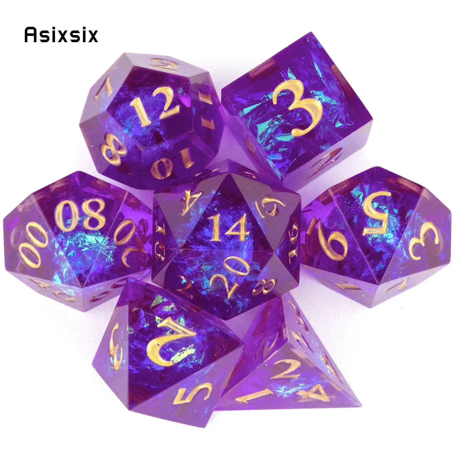

7 Pcs Purple Resin Golden Number Sharp Edge Dice Polyhedral Dice Suitable For Role-Playing Dice PropBoard Game