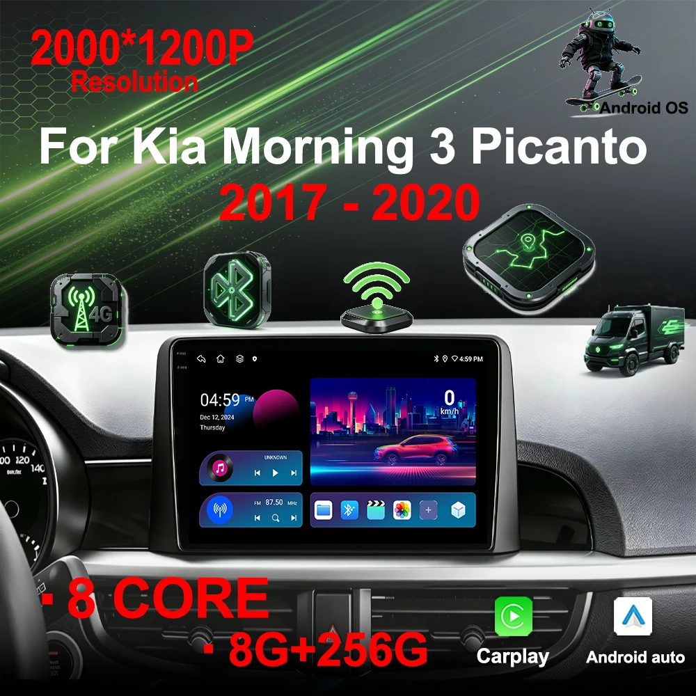 Carplay DSP Stereo Car Radio Multimedia player for Kia Morning 3 Picanto 2017 - 2020 Navi GPS QLED Screen WiFi Android System BT