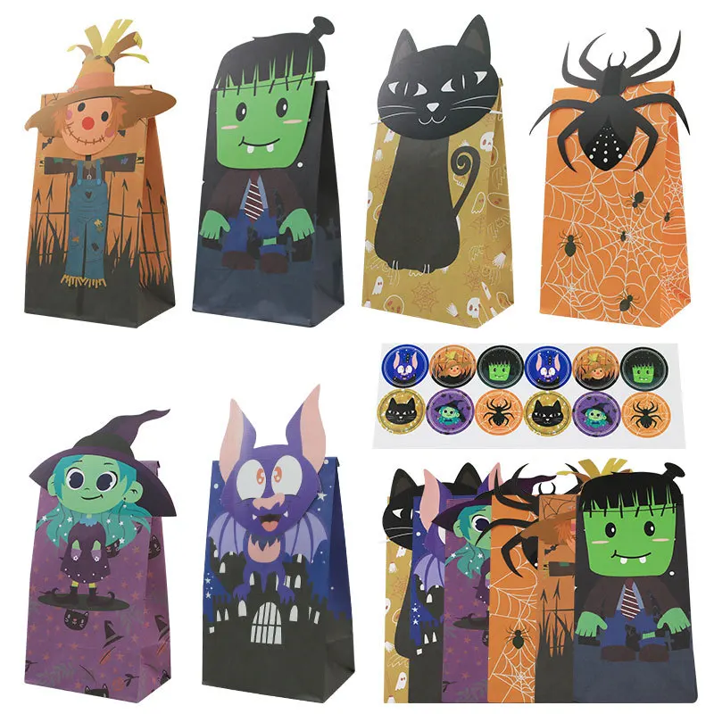 12/24Pcs Halloween Thema Papier Geschenk Tasche Für Süße Spinne Katze Bevorzugung Öl Beweis Lebensmittel Geschenk Verpackung Einkaufstaschen party Dekoration – Detail 1