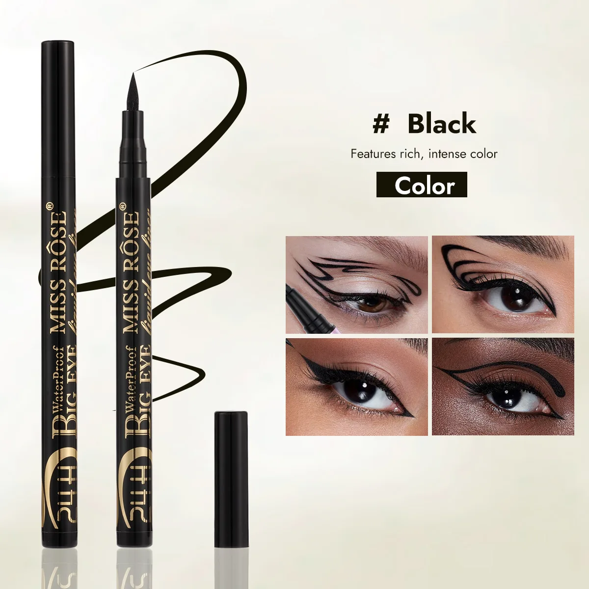 MISS ROSE Black Liquid Eyeliner Waterproof Ultra Fine Rich ColorSmudge-proof Single Color Eyeliner Pen Daily Eye Makeup Cosmetic