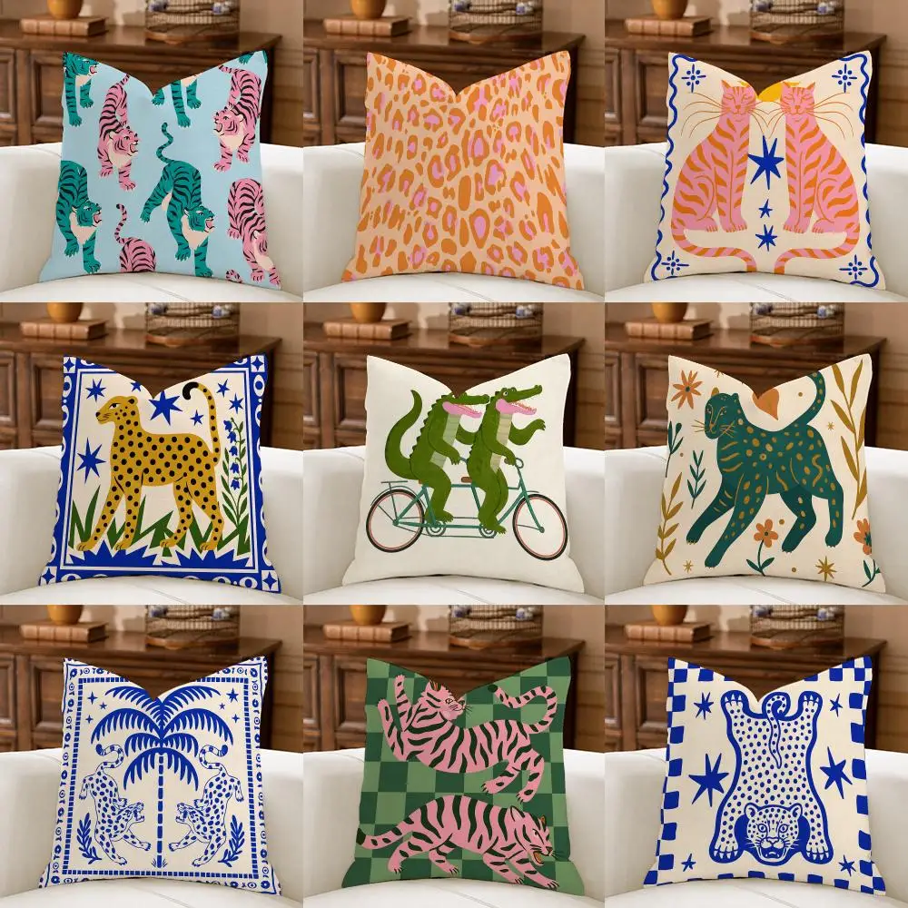 Tiger Cheetah Alligator colorful Cushion Cover Natural Breathable Durable Linen Printed Decor Pillow Case Sofa Bedroom