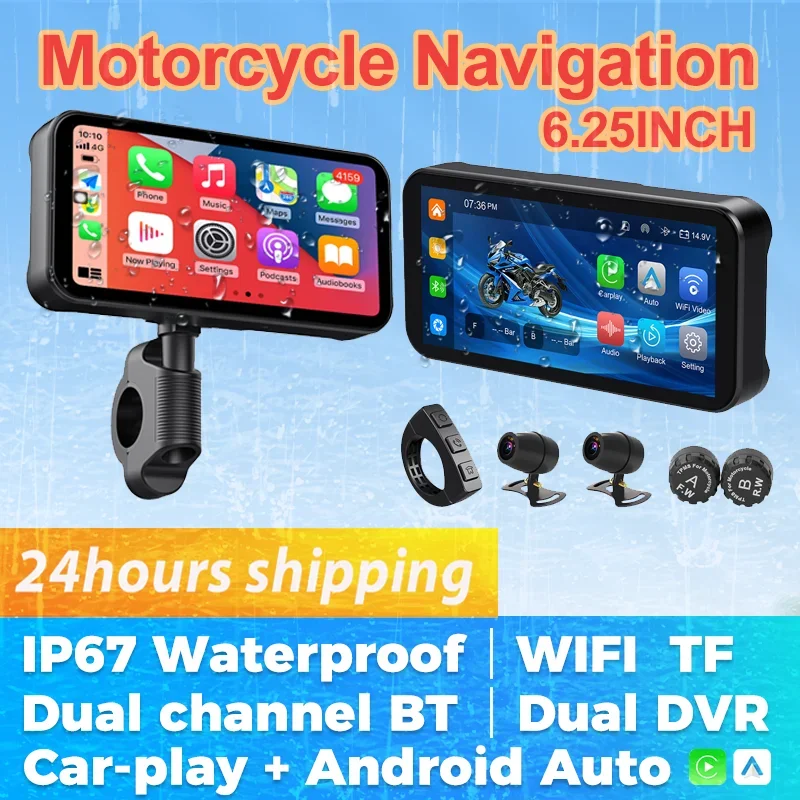 

6,25-дюймовый портативный мотоциклетный GPS-навигатор IP67 водонепроницаемый монитор беспроводной Carplay moto Android Auto двойной видеорегистратор с приводом