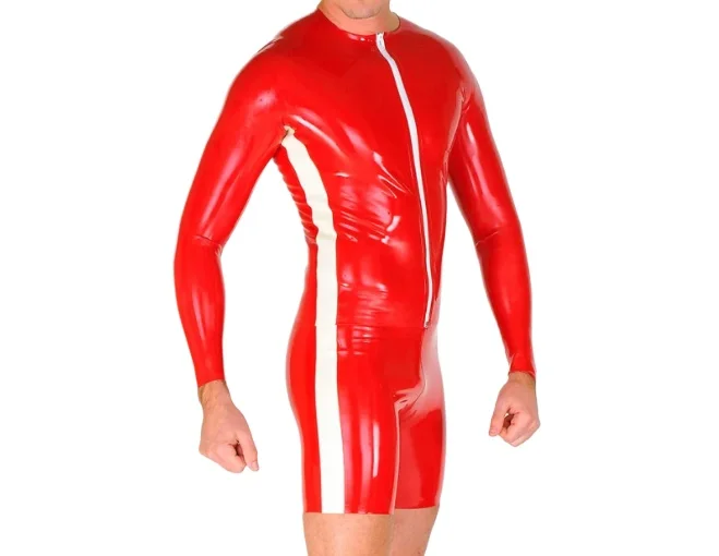 Roter Latex Catsuit mit weißen Streifen vorne Reiß verschluss Gummi Bodysuit Zentai Sport insgesamt 0,4mm S-XXL