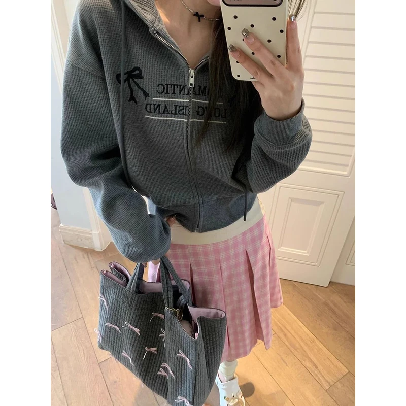 Deeptown Women Cropped Hoodies Vintage Y2k Korean Style Zip Up Sweatshirts Sweet Bow Embroidery Casual Cotton Hoodies Harajuku