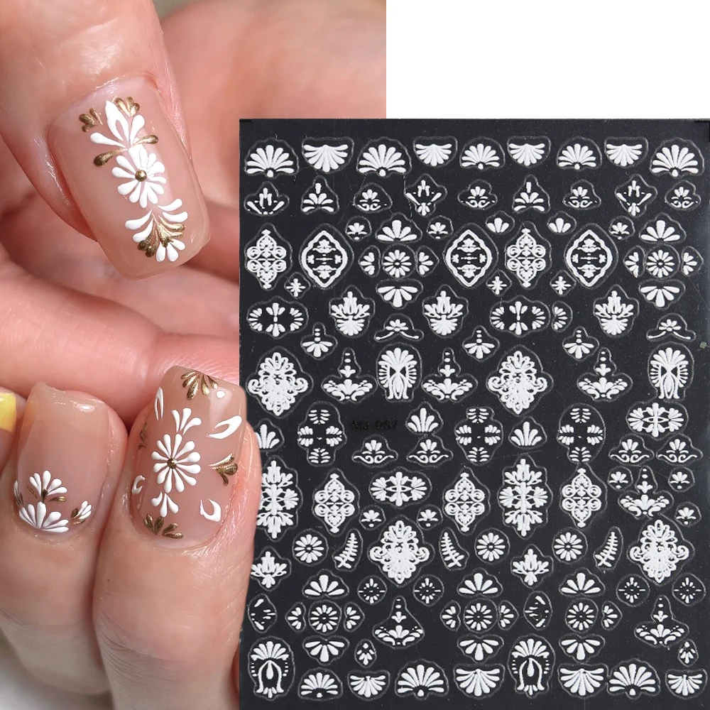 White Lace 5D Nail Stickers Bohemian Mandala Nail Decals Wedding Bride Charms Embossed Flowers Leaf Sliders Manicure Wrap GLMJ