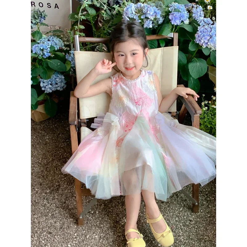 

2025Girls' Summer New Fashionable Embroidered Bowknot Mesh Strap Dress