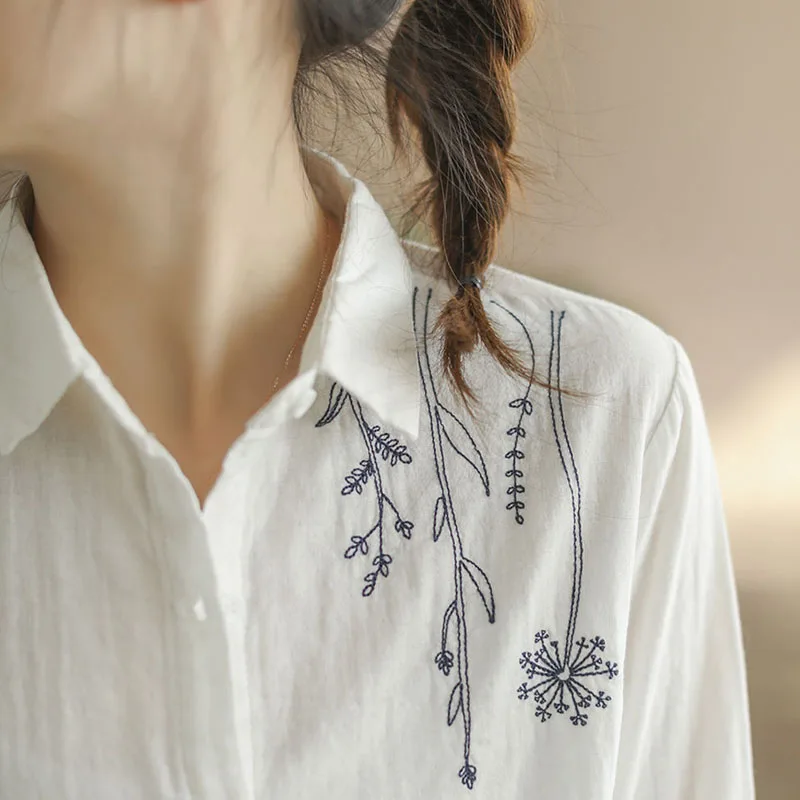 2023 Spring Long Sleeve Pure Cotton Women\'s Clothing New Vintage Embroidered Female Tops Loose All-match Button White Shirt