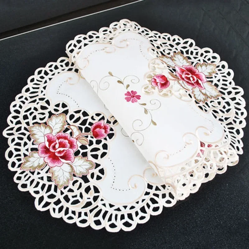 ALLGOOD Oval Country Style Floral Embroidered Lace Hollow Design Peony Printing Tablecloth Table Mat Dining Tables Decor 40x85cm