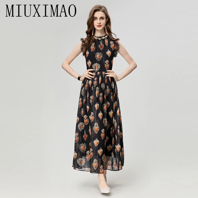 

MIUXIMAO 2024 Spring&Summer Elegant Dress Sleeveless Diamonds Flower Print Ruffles Fashion Black Slim Long Dress Women Vestides