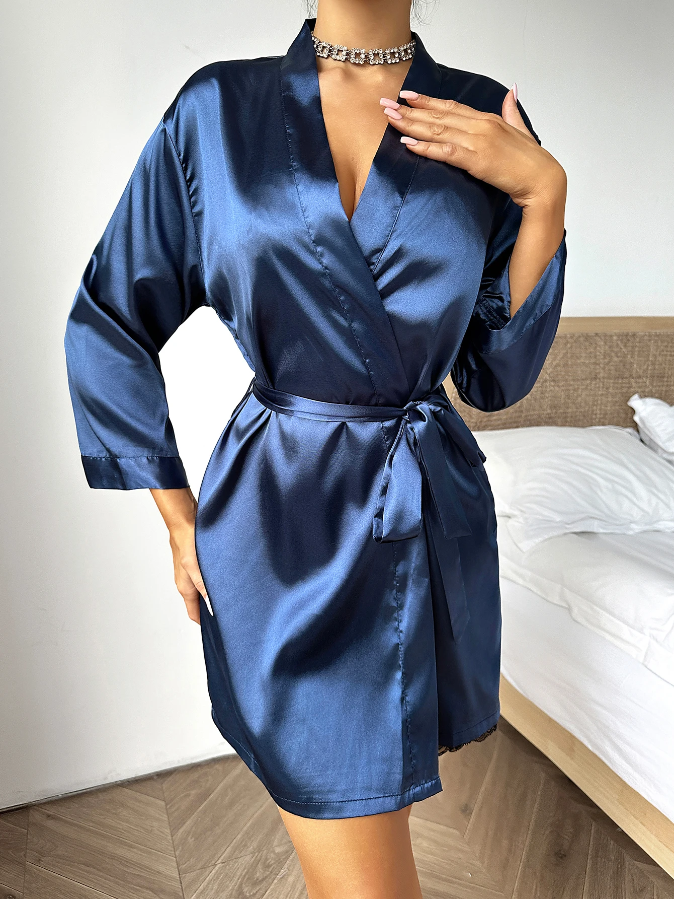 Summer Satin Ladies Nightgown Solid color lace-up Robe Sexy comfortable women\'s pajamas Loungewear