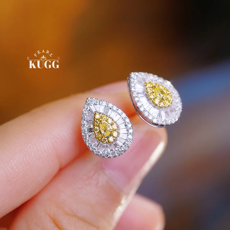 KUGG 18K White Gold Earrings Luxulry Shiny Design 0.70carat Real Natural Yellow Diamond Earrings for Women High Wedding Jewelry