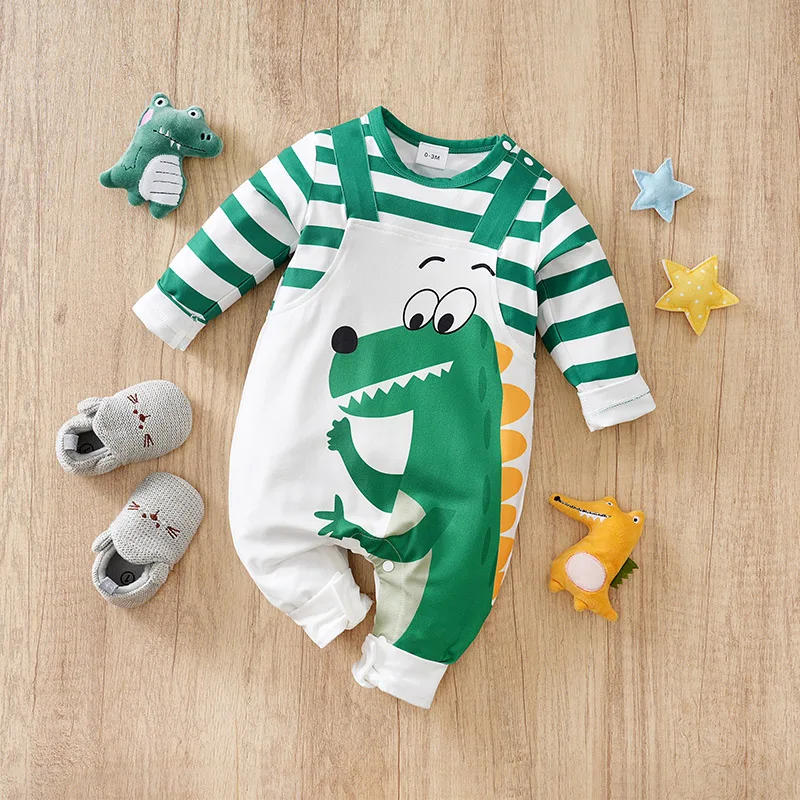 

Baby cartoon happy elephant/giraffe pattern fake two casual striped long-sleeved onesies for toddlers and baby boys