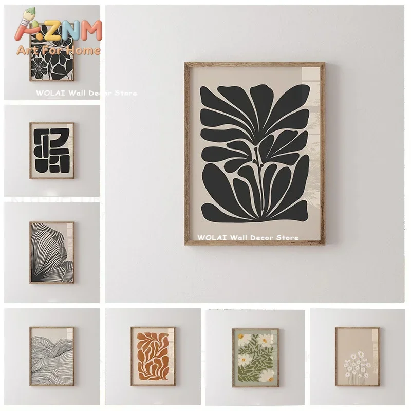 Abstrakter, stimmungsvoller Pflanzen-Kunstdruck auf Leinwand, Mid-Century Modern, beige-schwarze florale Linien-Wandkunst-Poster für Wohnzimmer-Dekoration.