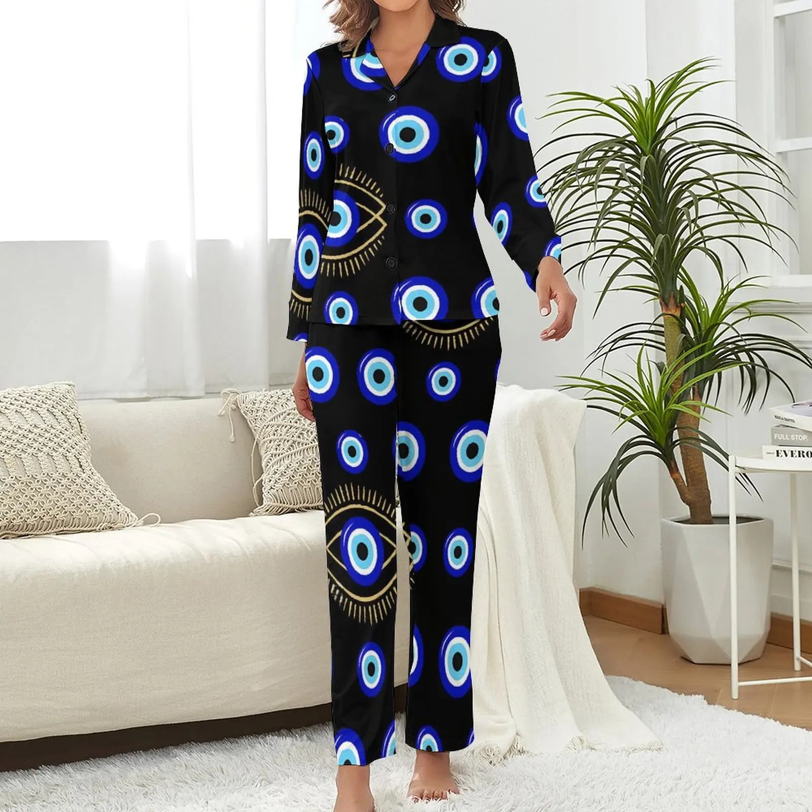 Evil Eye Pajamas Woman Vintage Print Warm Sleepwear Spring Long Sleeve Two Piece Bedroom V Neck Pattern Pajama Sets