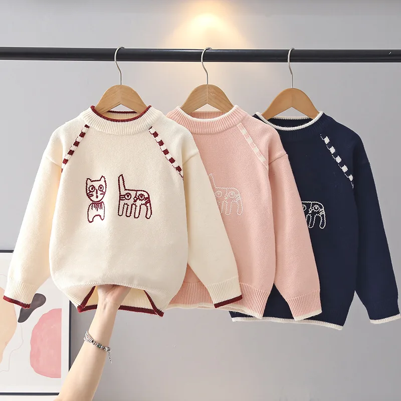 Classic Crew Neck Kids Girl Knit Sweater Cartoon Embroidery Cat Girls Pullovers Stylish Checkered Stitching Line Clothes JY07221