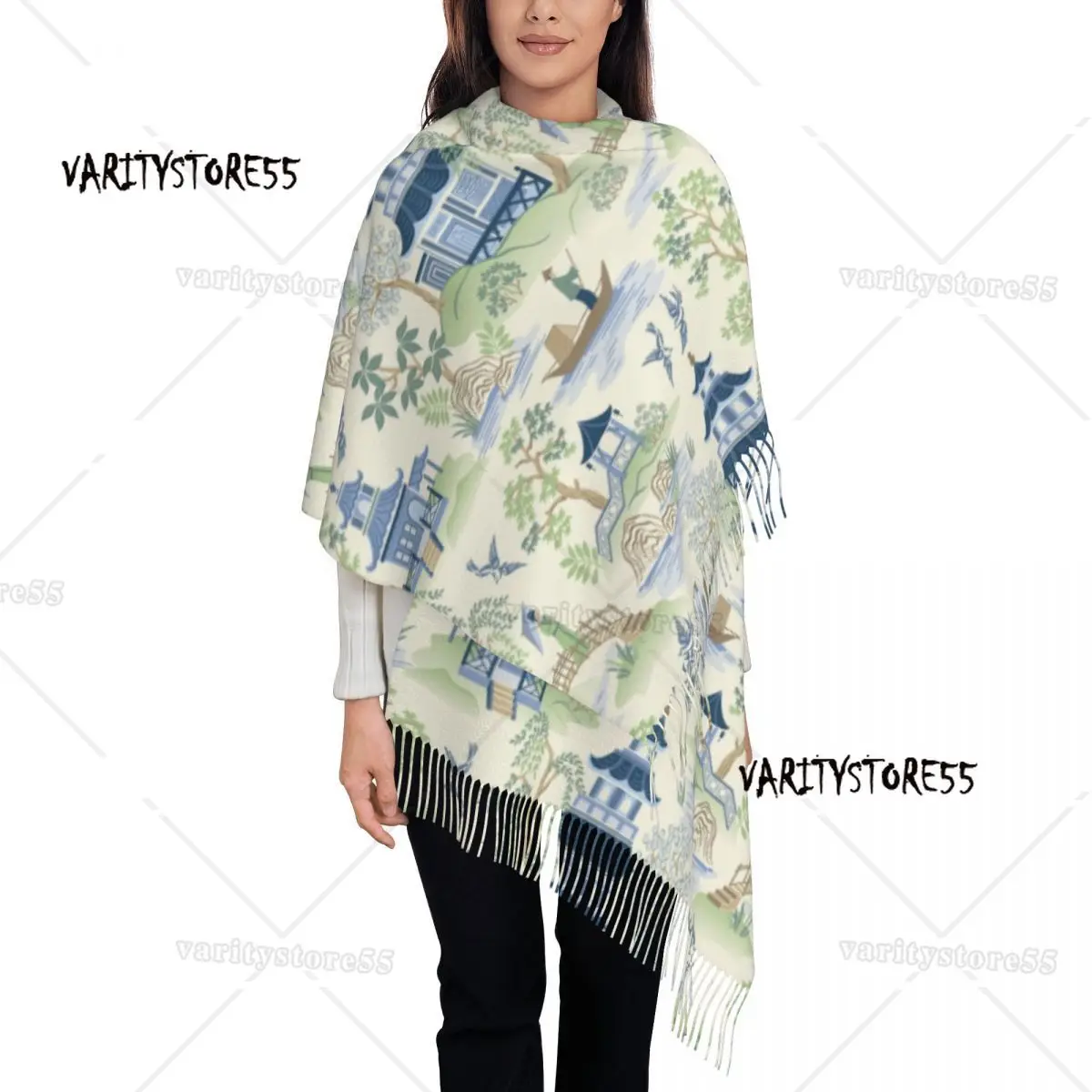 

Custom Vintage Chinoiserie Willow Pagoda Tassel Scarf Women Soft Oriental Style Landscape Shawl Wrap Ladies Winter Scarves