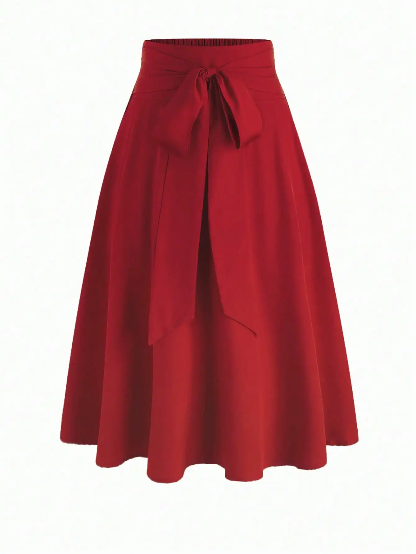 Women's High Waist A-Line Midi Skirt - Solid Red with Front Bow Tie, Flattering Swing Silhouette for Spring & Summer image 3