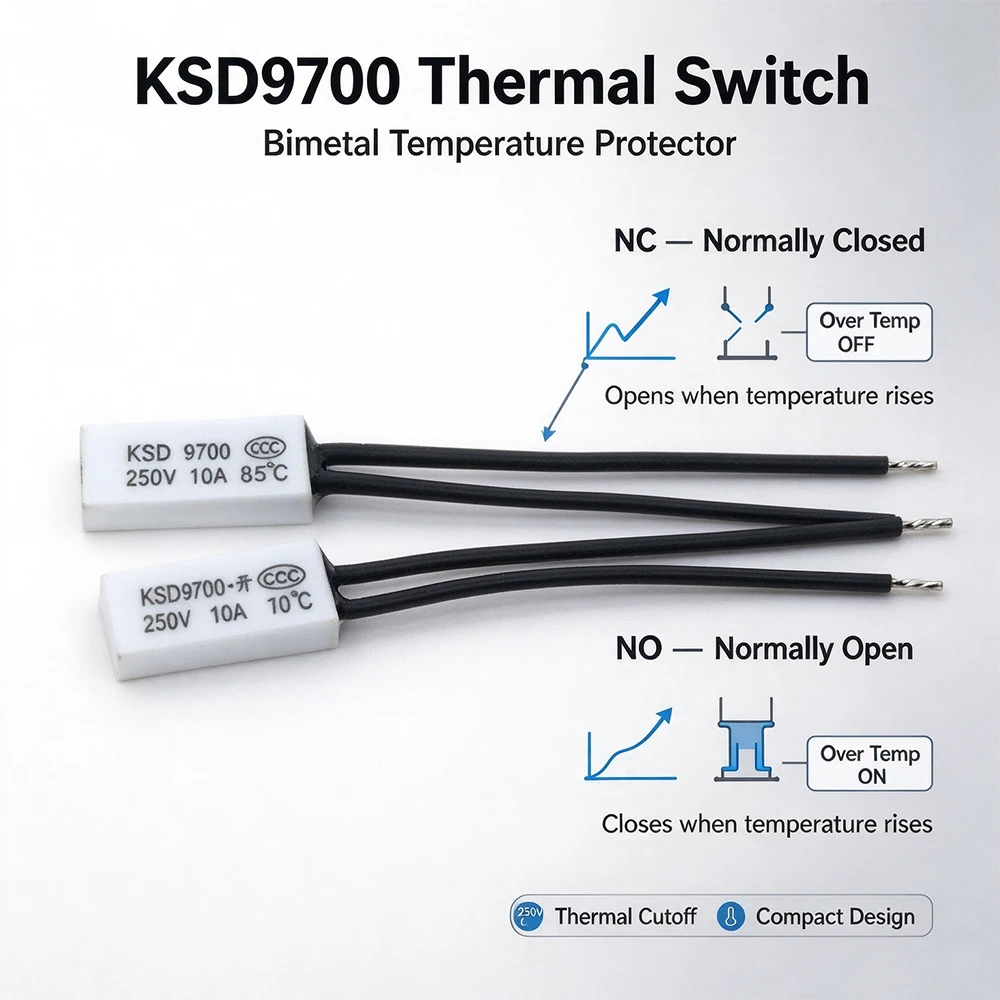 50PCS Keramik Thermostat KSD9700 40C-240C 45C 50C 55C 60C 65C 5A 12V/24V DC Temperatur Control Schalter Überhitzung Schutz – Detail 7