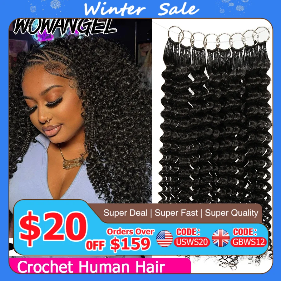 Глубокие волны, вязанные крючком человеческие волосы для плетения, вьющиеся, невидимый узел, предварительно разделенные, вязанные крючком, человеческие волосы без узлов с веревкой