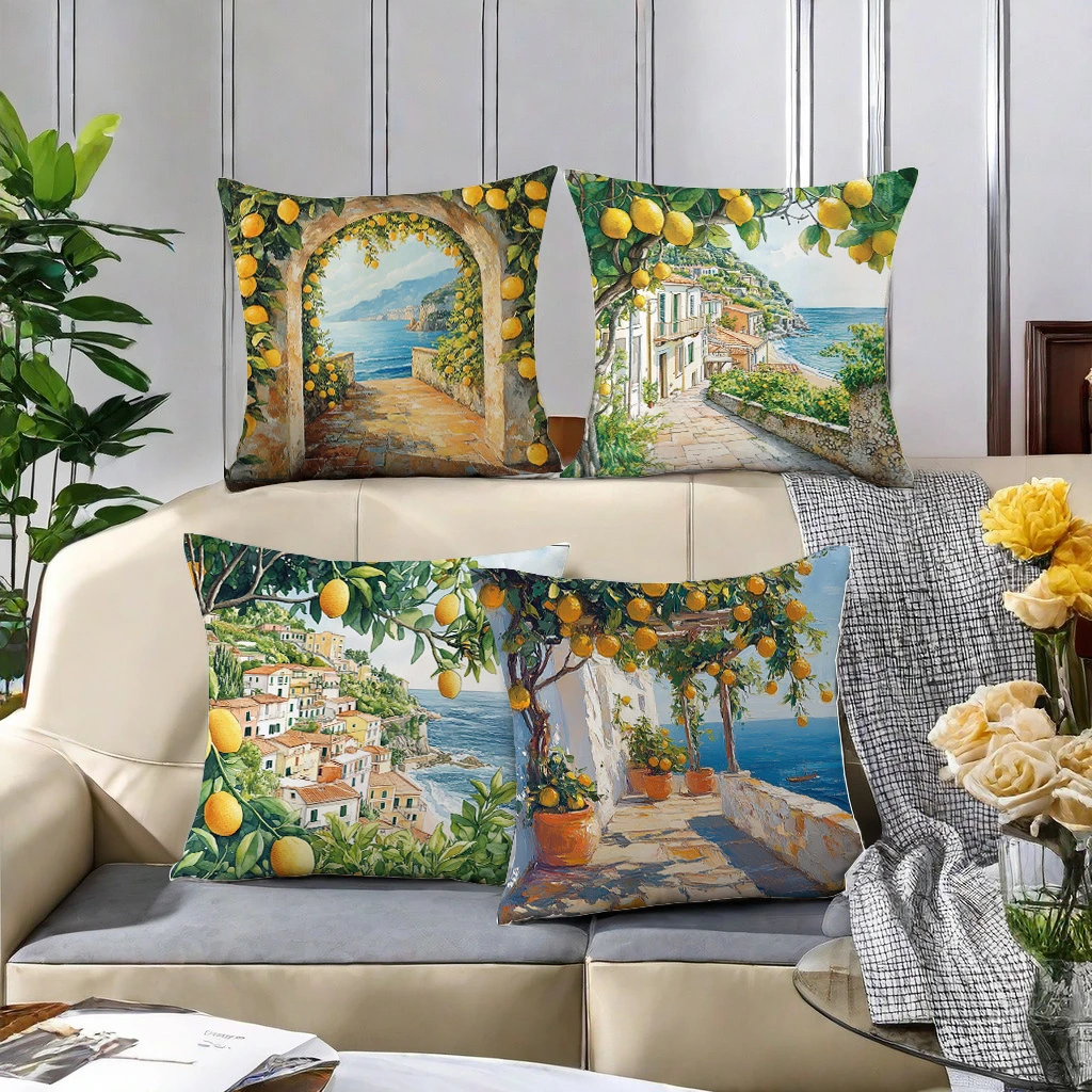 1PC 2D Flat Amalfi Coast Lemon Grove Throw Pillow Covers Mediterranean Coastal Home Decor Cushion Cases