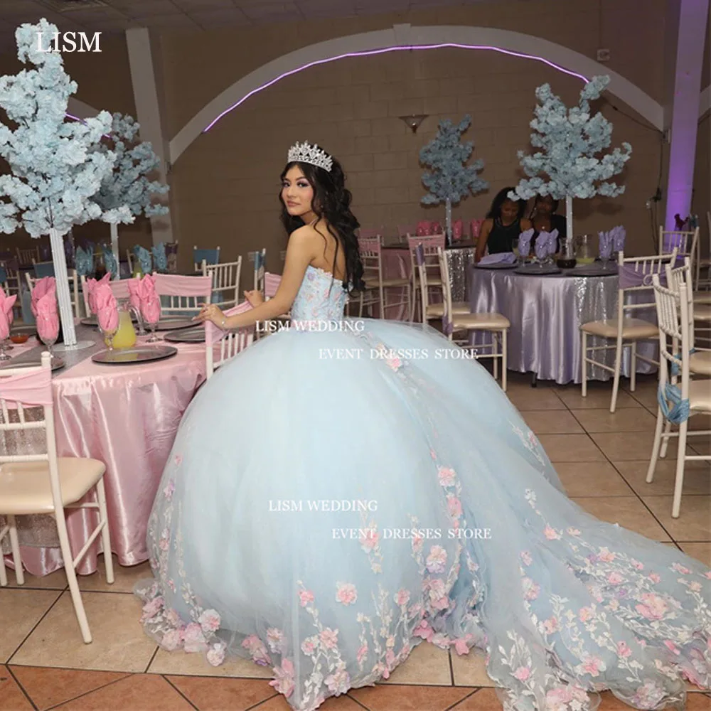 Lism ชุดเดรส15 quinceanera สีฟ้าสวย3D เจ้าหญิงลูกไม้ applique sweetheart Tulle ชุดงานวันเกิดหลัง