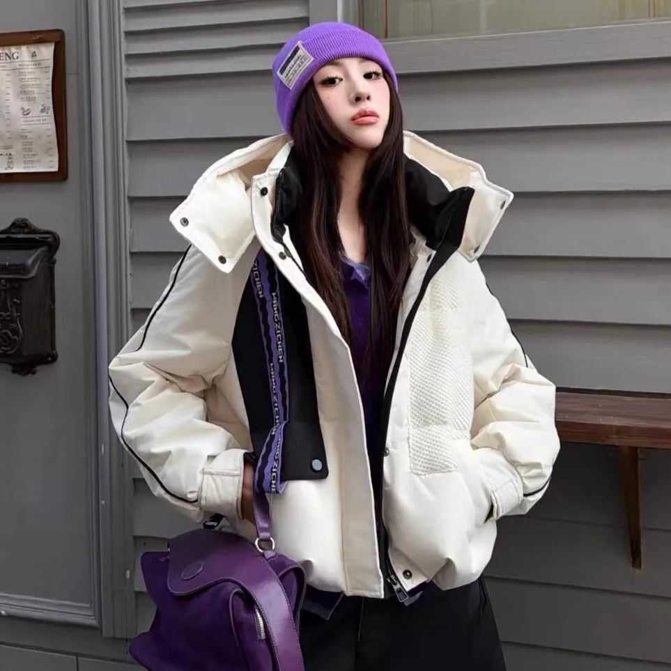 

Winter Hooded Patchwork Short Down Jacket Female Thick Zipper Jackets Women White Duck Down Warm Waterproof Parker Outwears