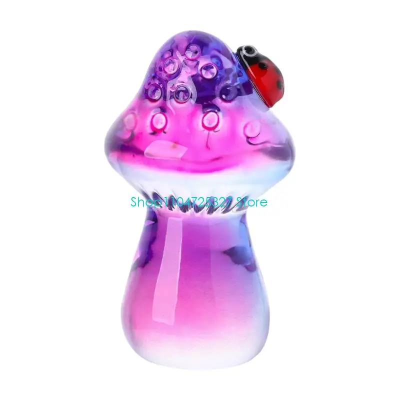 D8KF Crystal Mushroom Display Figure with Reflective Glass Finish, Red Ladybugs Feature, and Raised Cap Bubble for Shelves and