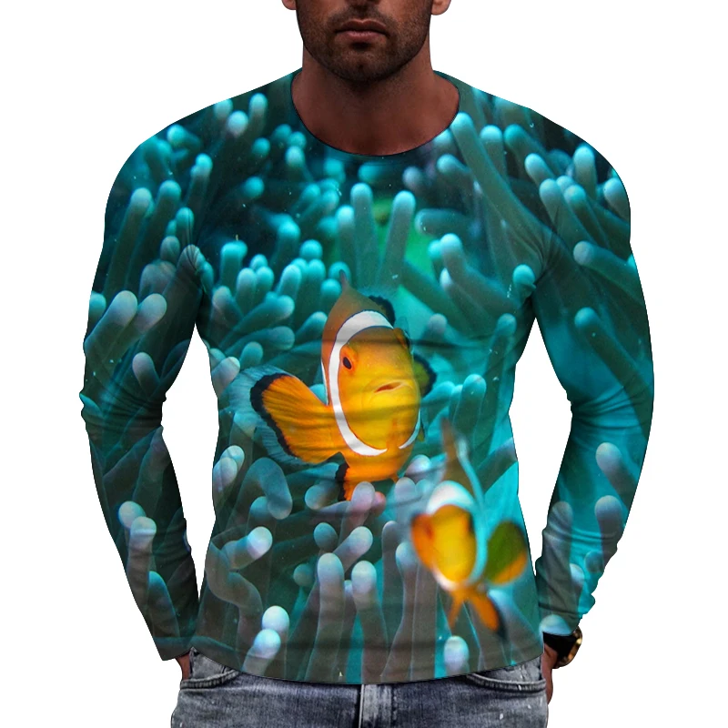 Mandarin Fish Pattern 3d Printing Men's Long Sleeve T-Shirt Marine Fish Personality Hip Hop Creative Trend Casual Loose Clothing