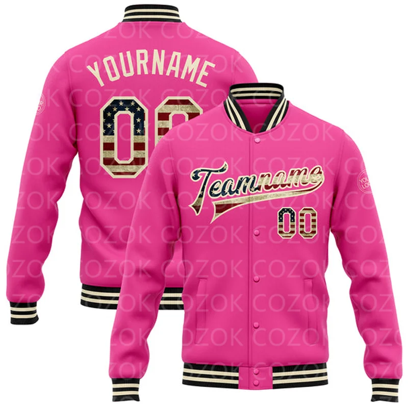 Custom Pink USA Flag 3D Printed Baseball Button Jacket Bomber Full-Snap Varsity Letterman Jacket