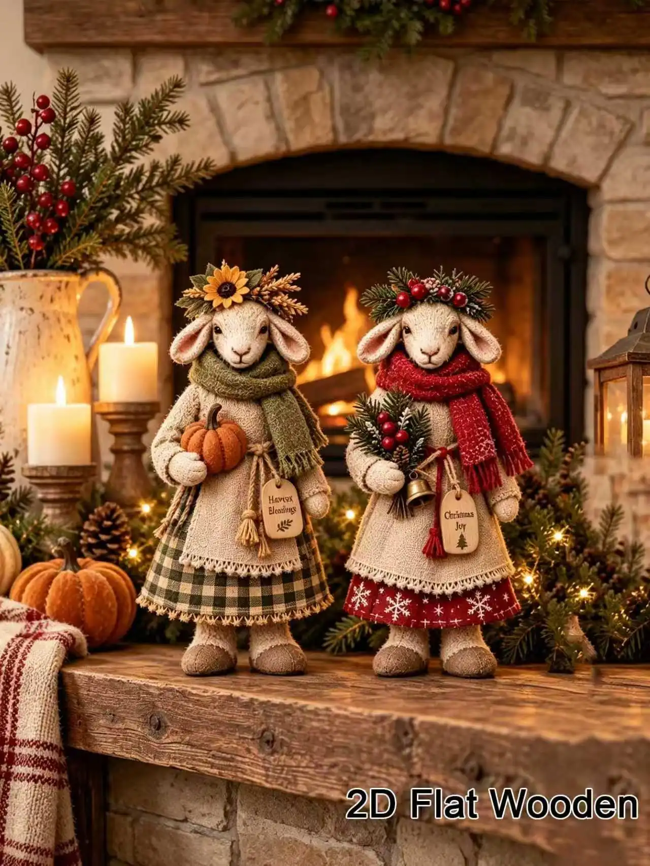 2 Pieces of Farmhouse-Style Christmas Sheep Decorative Ornaments, Wooden Sheep Tabletop Decorations, Vintage-Style Statues in 2 Different Designs, Suitable for Autumn Harvest Season, Thanksgiving, Autumn and Winter Christmas Season, and Can Be Used for Holiday Displays, Window Displays, Party Decorations, Indoor Use, Fireplace, Shelves, Home Decor, Windowsills, Tabletops, Entryway Displays, Halloween Gifts, Autumn Harvest Themed Souvenirs, and Collectibles for Vintage Enthusiasts