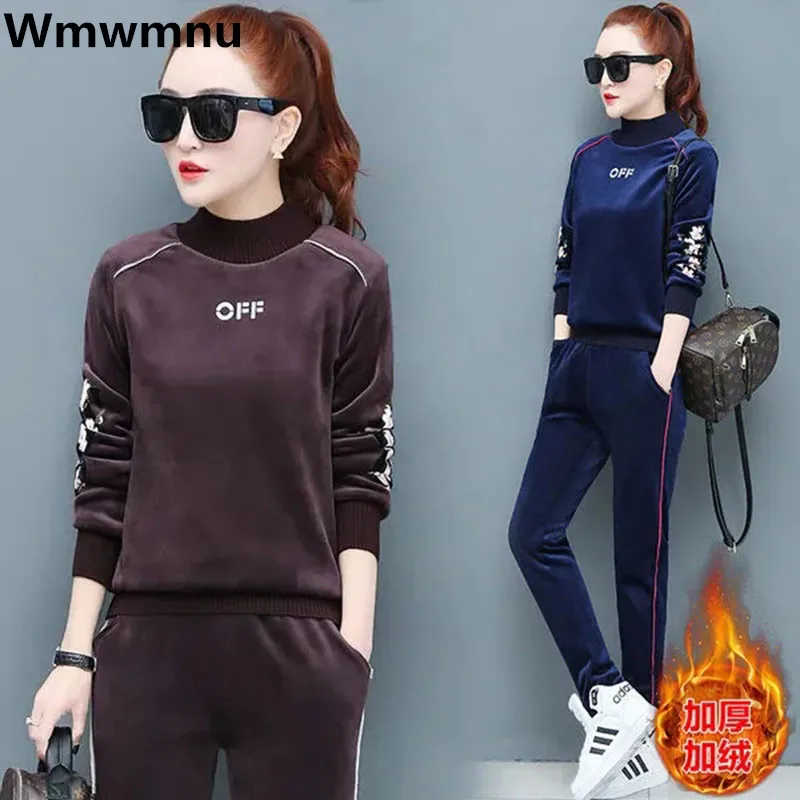 

Warm Velvet Tracksuits Two Piece Sets Casual Thick Sweatshirts Ensemble Plush Lined Sweatpants Outfit Fall Winter Women Conjunto